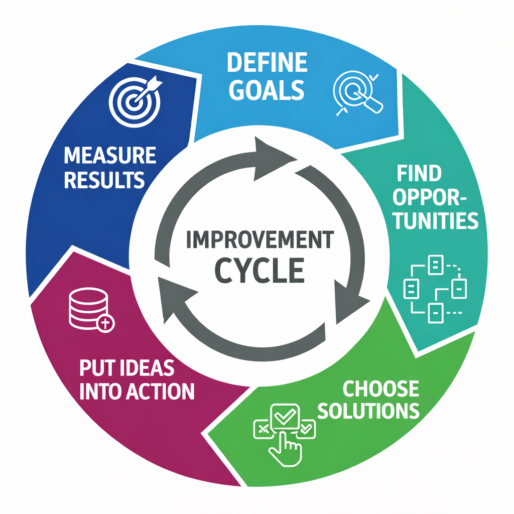 Continuous improvement cycle showing goals, opportunities, solutions, action and measurement